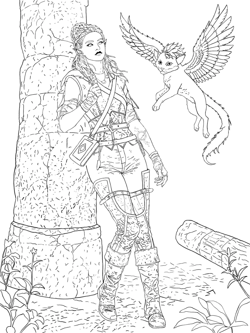 Detailed lineart of Aporia, an elf in fitted adventuring clothes, beside a winged feline and a ruined stone pillar.