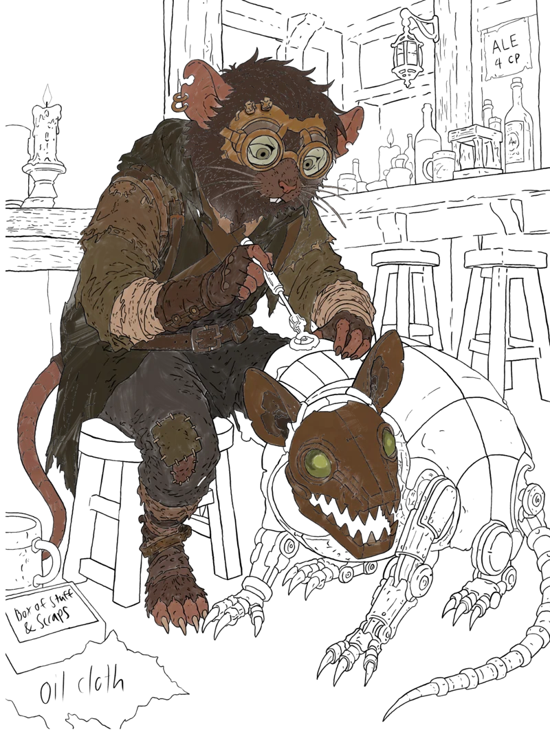 Pine Nut, a ratfolk artificer wearing round goggles, working beside a mechanical rat companion.