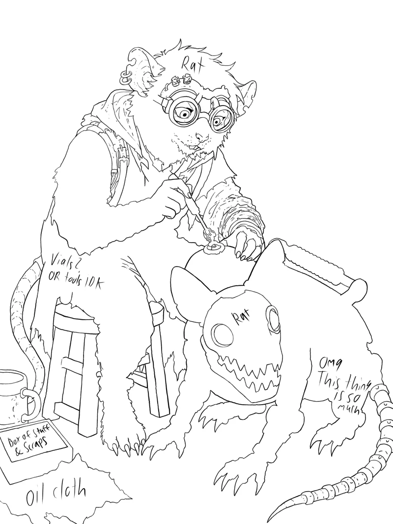 Pine Nut’s early linework, with handwritten notes about tools and the companion’s design.
