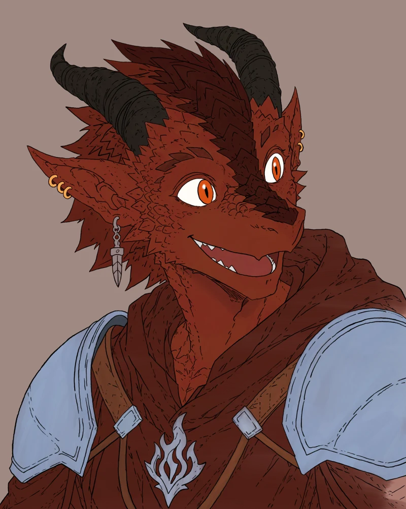 Severin, a red dragonborn with dark horns, gold piercings, and blue shoulder armor.