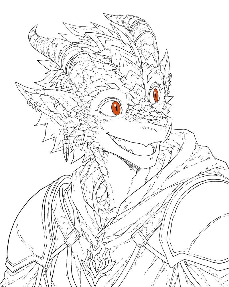 Lineart stage of Severin’s dragonborn portrait
