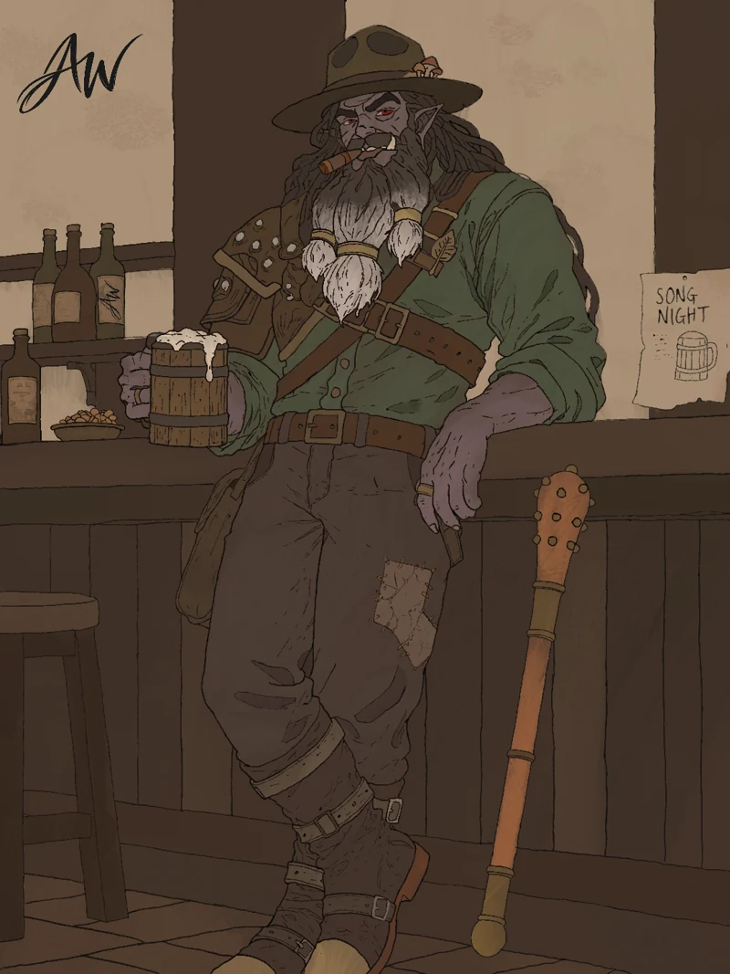 Uzga, a tusked adventurer in a green shirt and wide-brimmed hat, leaning against a tavern bar with a tankard.